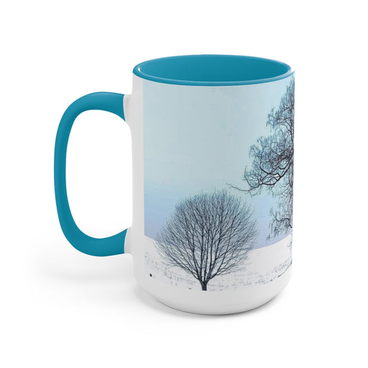 Icy Blue Snowy Trees Two-Tone Coffee Mugs, 15oz