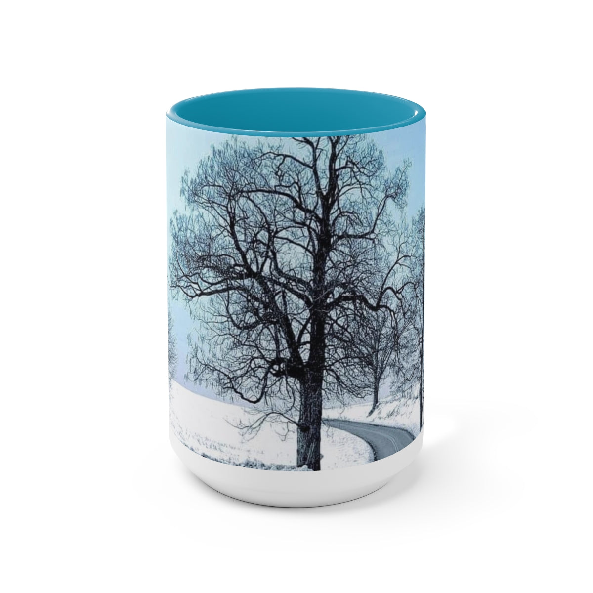 Icy Blue Snowy Trees Two-Tone Coffee Mugs, 15oz