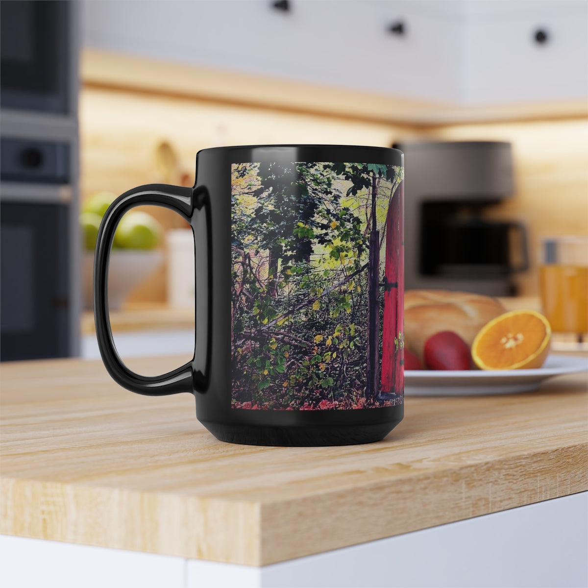 Red Garden Door Black Mug, 15oz