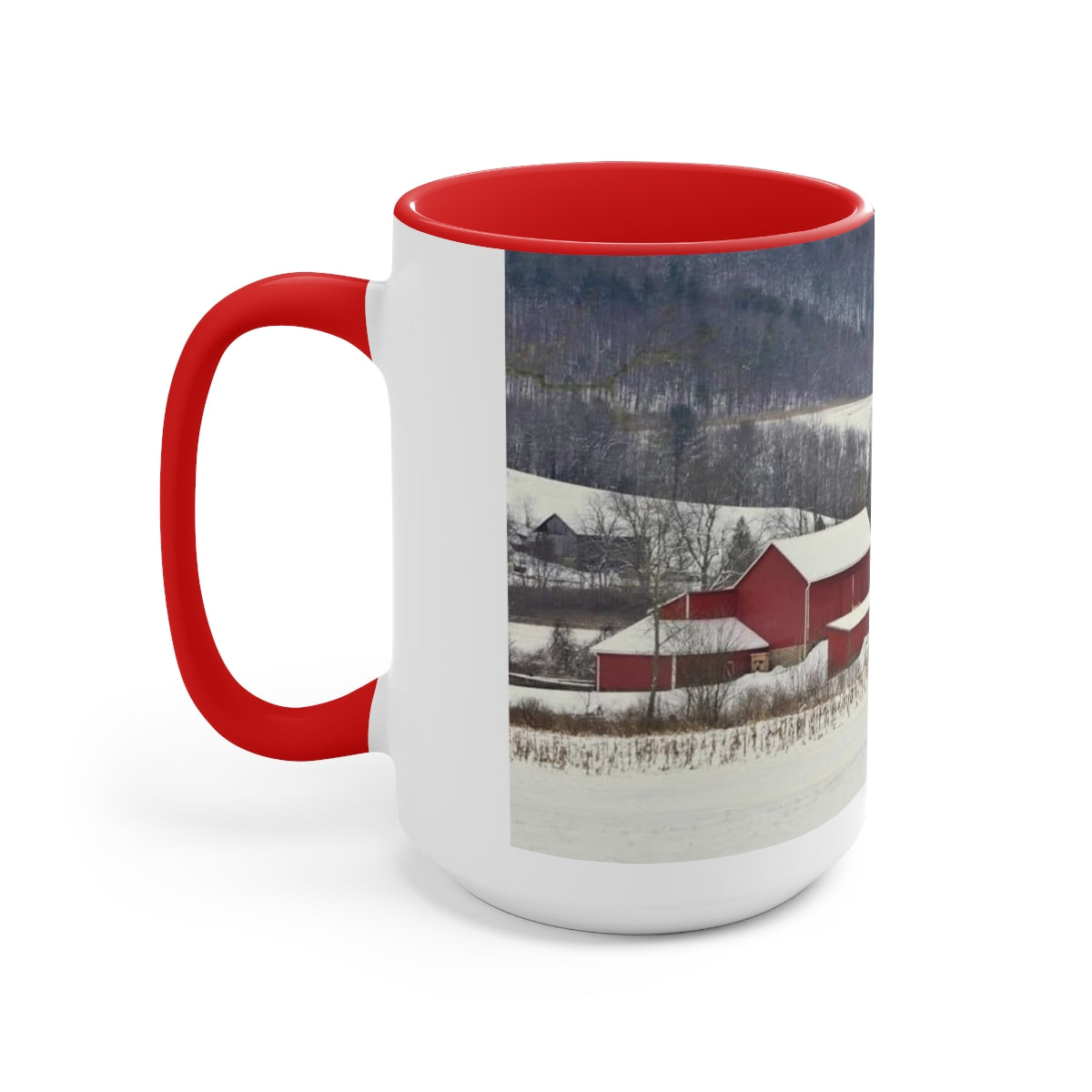 Snowy Christmas Farm Two-Tone Coffee Mugs, 15oz