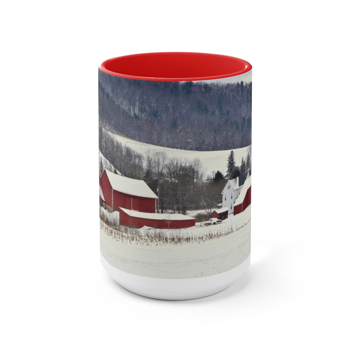 Snowy Christmas Farm Two-Tone Coffee Mugs, 15oz