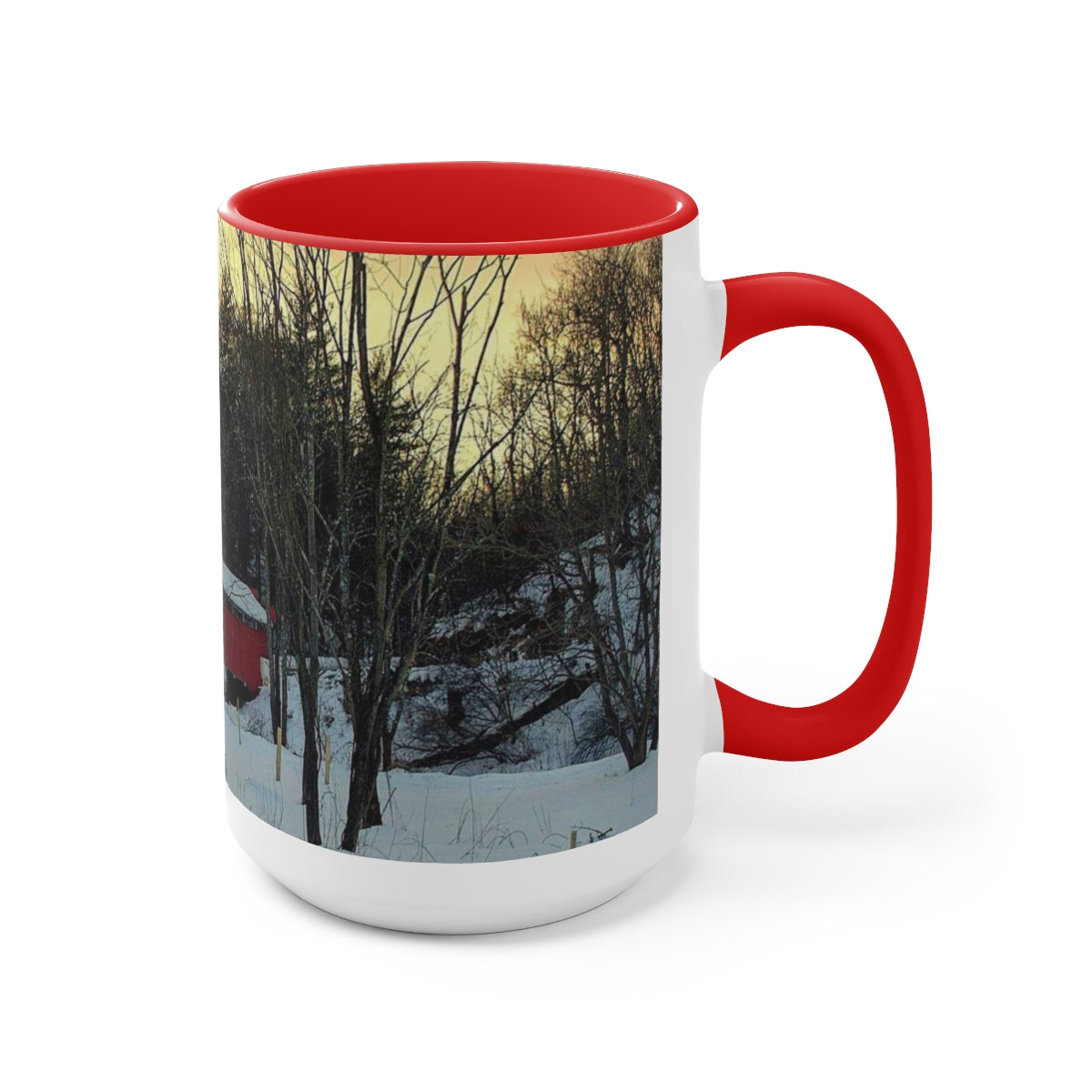 Snowy Covered Bridge Two-Tone Coffee Mugs, 15oz