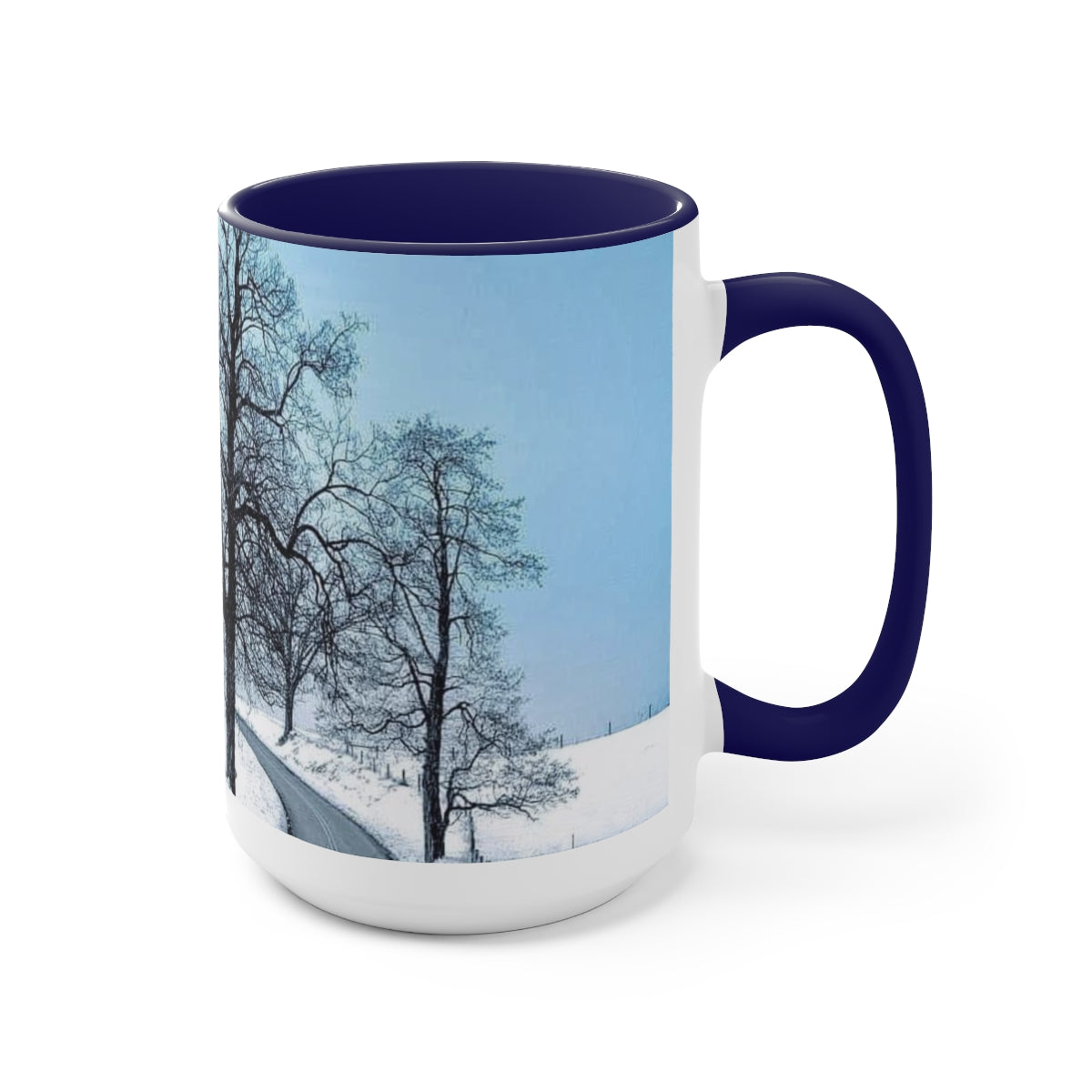 Icy Blue Snowy Trees Two-Tone Coffee Mugs, 15oz