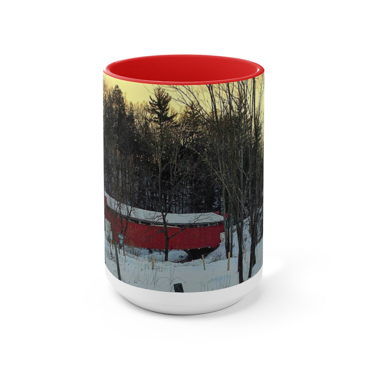 Snowy Covered Bridge Two-Tone Coffee Mugs, 15oz