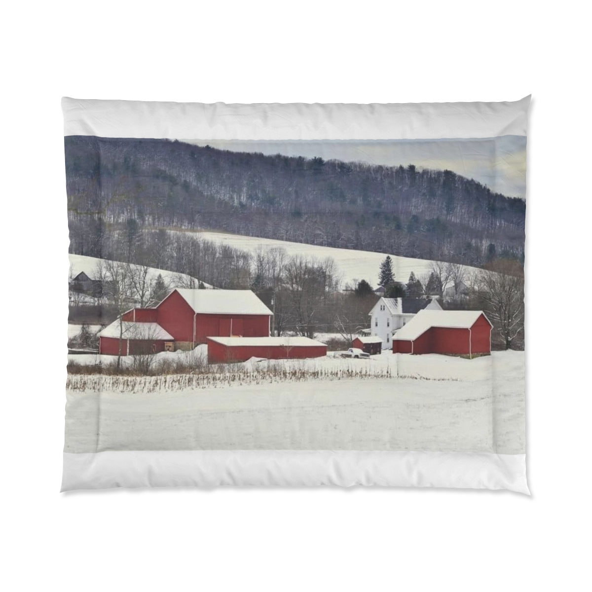 Snowy Christmas Red Farm Comforter