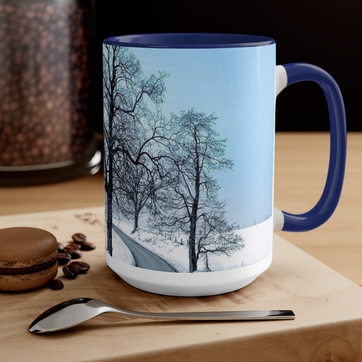 Icy Blue Snowy Trees Two-Tone Coffee Mugs, 15oz