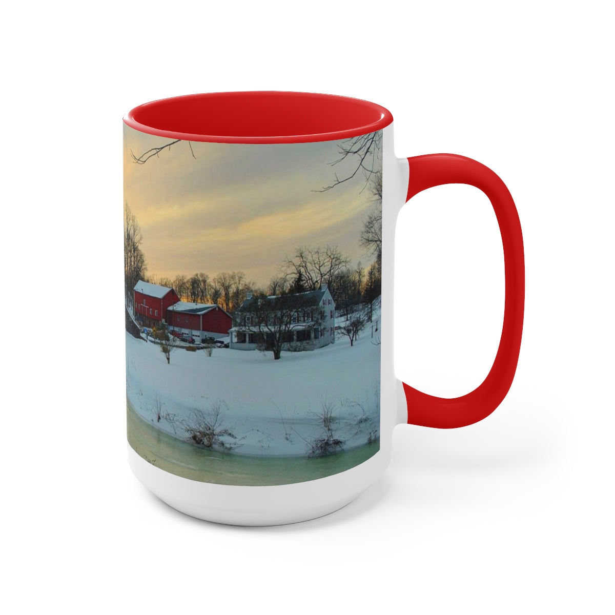 Sunset Snowy Covered Bridge Two-Tone Coffee Mugs, 15oz