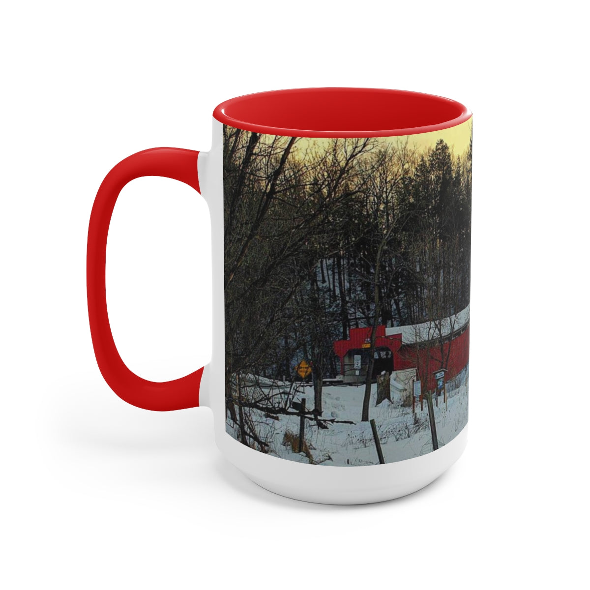 Snowy Covered Bridge Two-Tone Coffee Mugs, 15oz