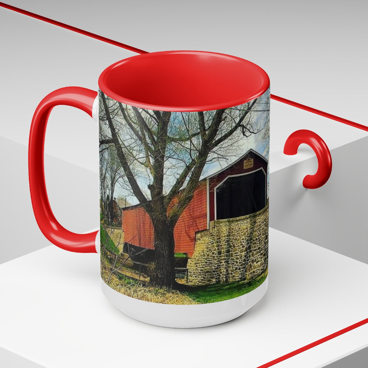 Cozy Covered Bridge Two-Tone Coffee Mugs, 15oz