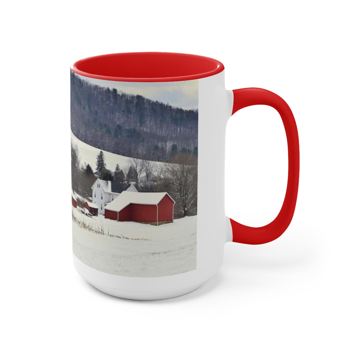 Snowy Christmas Farm Two-Tone Coffee Mugs, 15oz