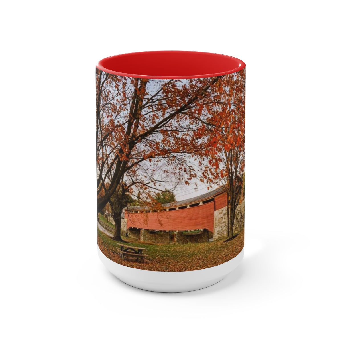 Autumn Covered Bridge Two-Tone Coffee Mugs, 15oz