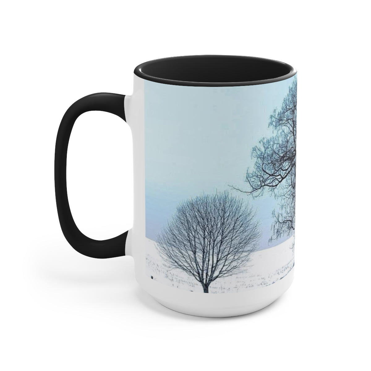 Icy Blue Snowy Trees Two-Tone Coffee Mugs, 15oz