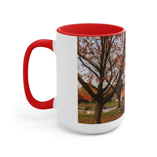 Autumn Covered Bridge Two-Tone Coffee Mugs, 15oz