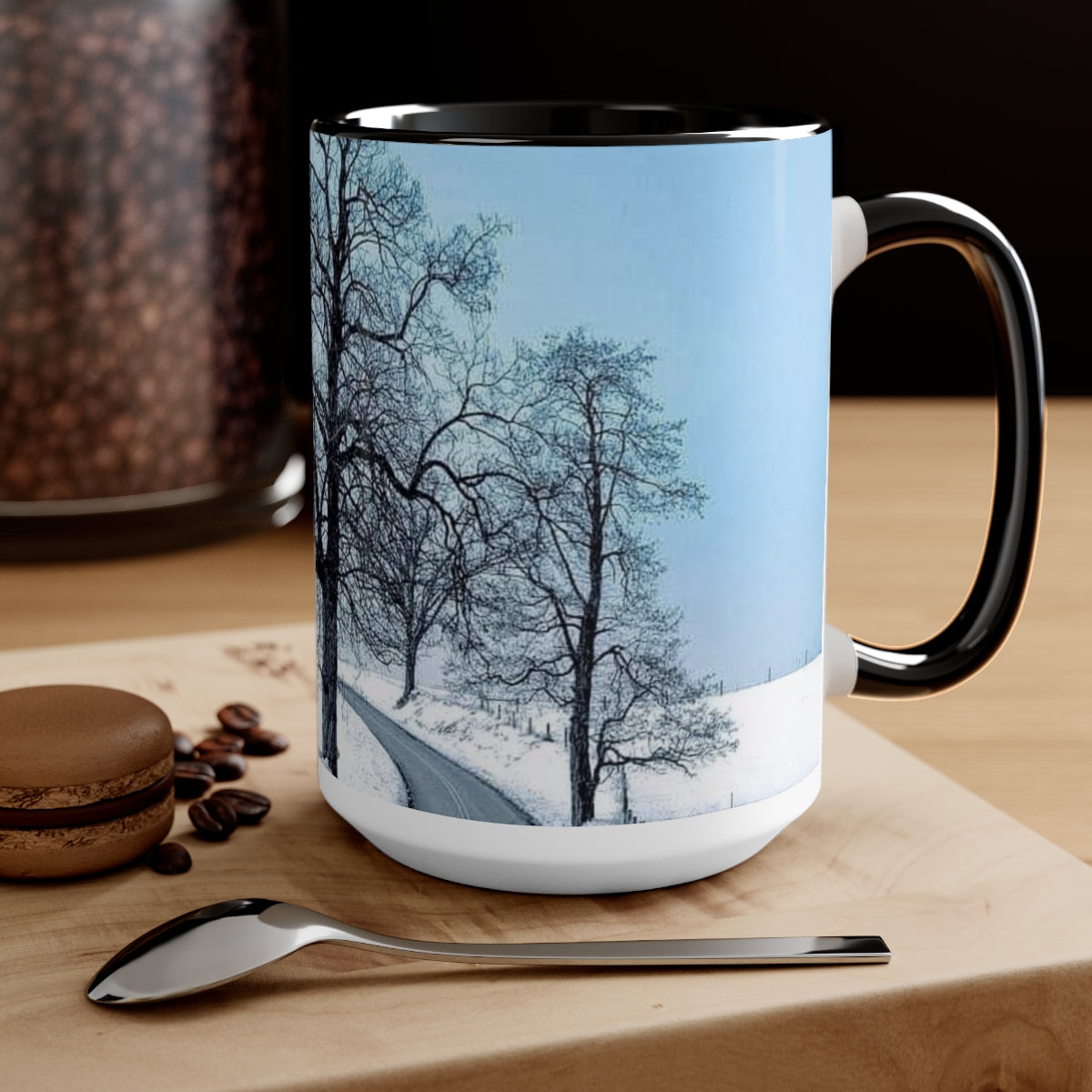 Icy Blue Snowy Trees Two-Tone Coffee Mugs, 15oz