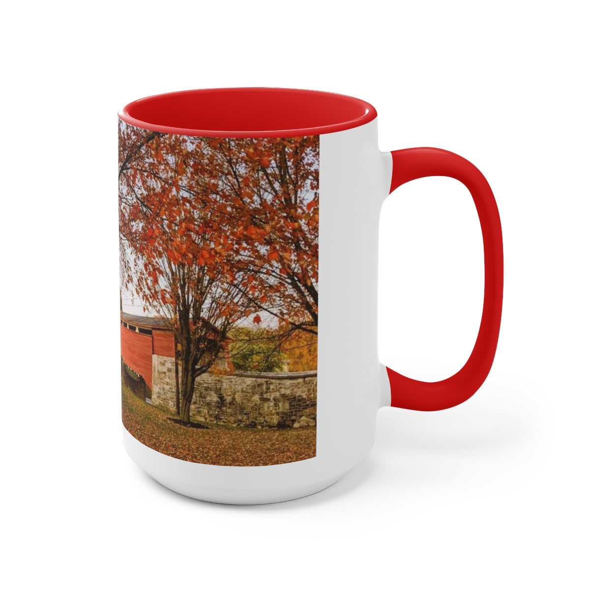 Autumn Covered Bridge Two-Tone Coffee Mugs, 15oz