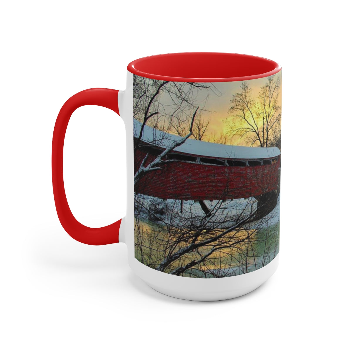 Sunset Snowy Covered Bridge Two-Tone Coffee Mugs, 15oz