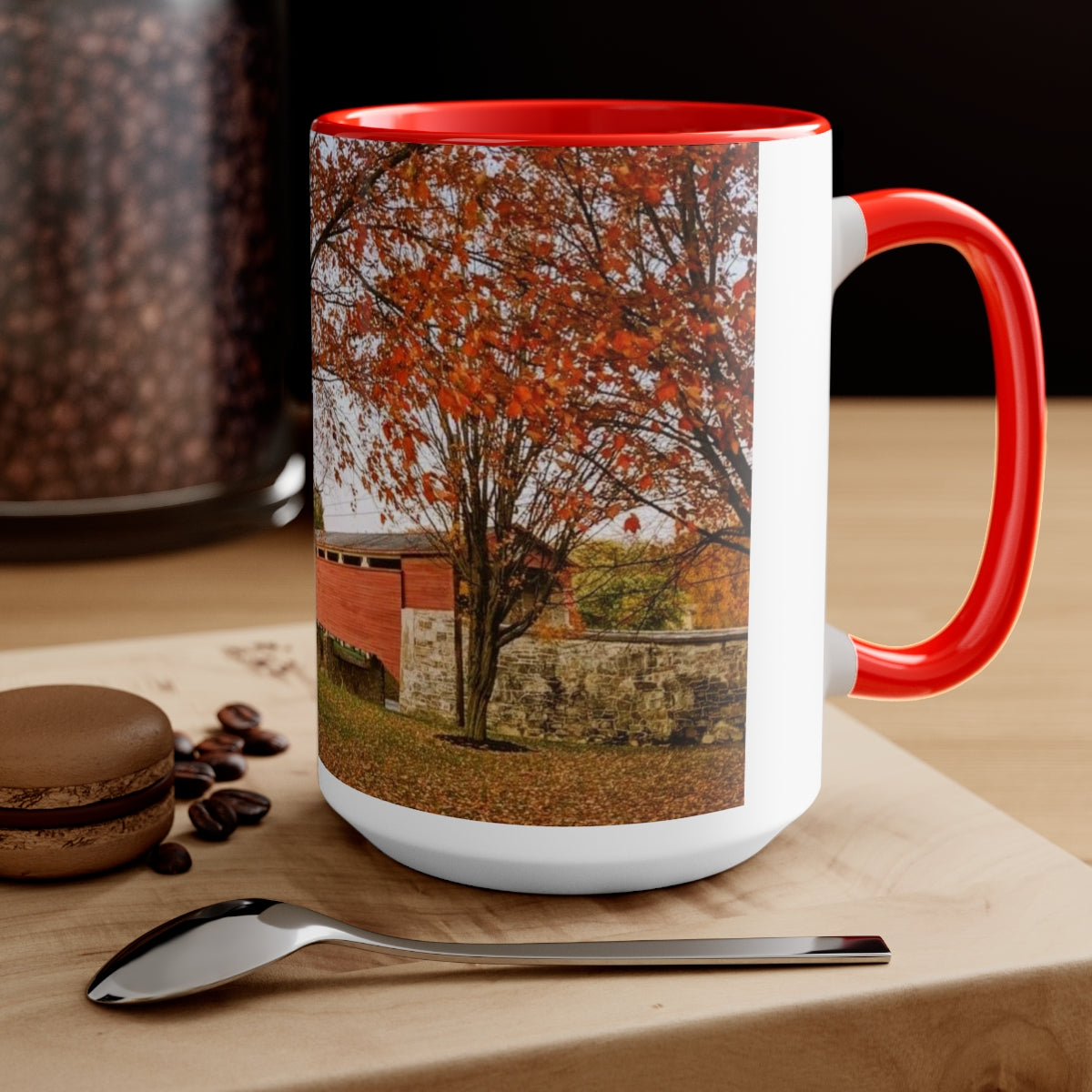 Autumn Covered Bridge Two-Tone Coffee Mugs, 15oz