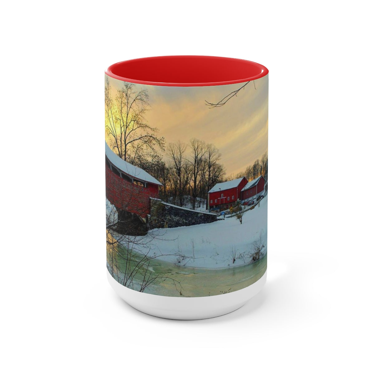 Sunset Snowy Covered Bridge Two-Tone Coffee Mugs, 15oz