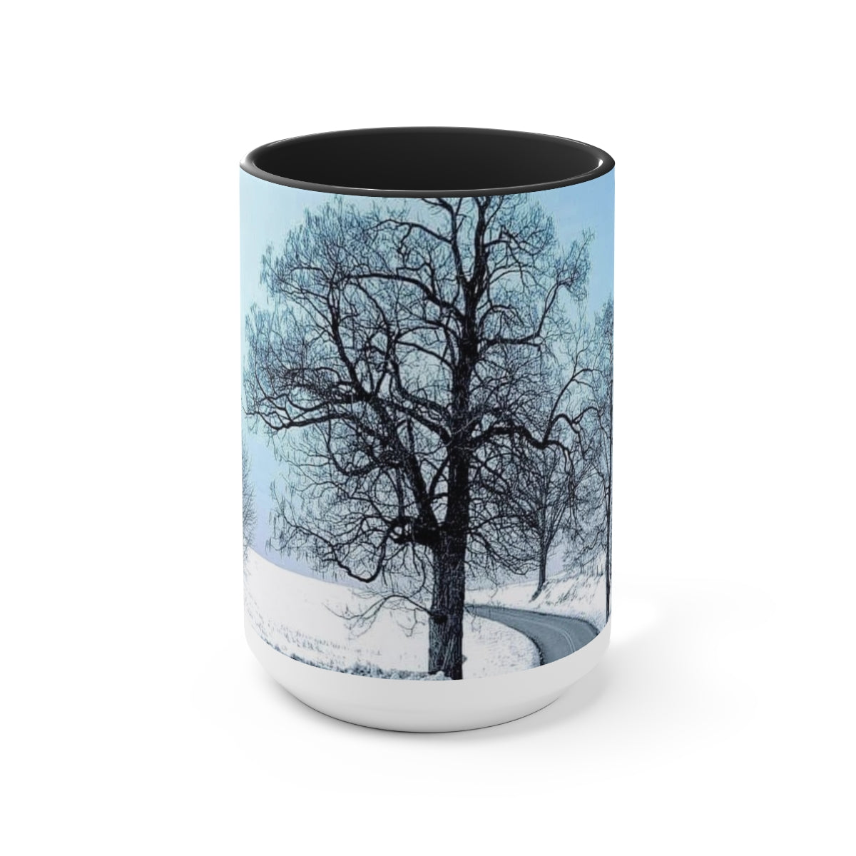 Icy Blue Snowy Trees Two-Tone Coffee Mugs, 15oz