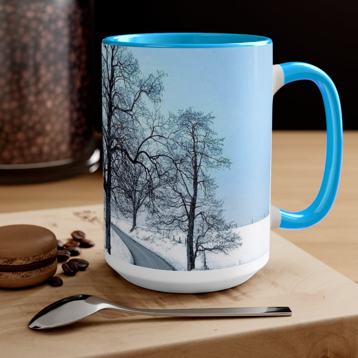 Icy Blue Snowy Trees Two-Tone Coffee Mugs, 15oz