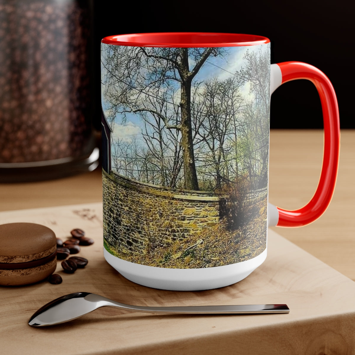 Cozy Covered Bridge Two-Tone Coffee Mugs, 15oz