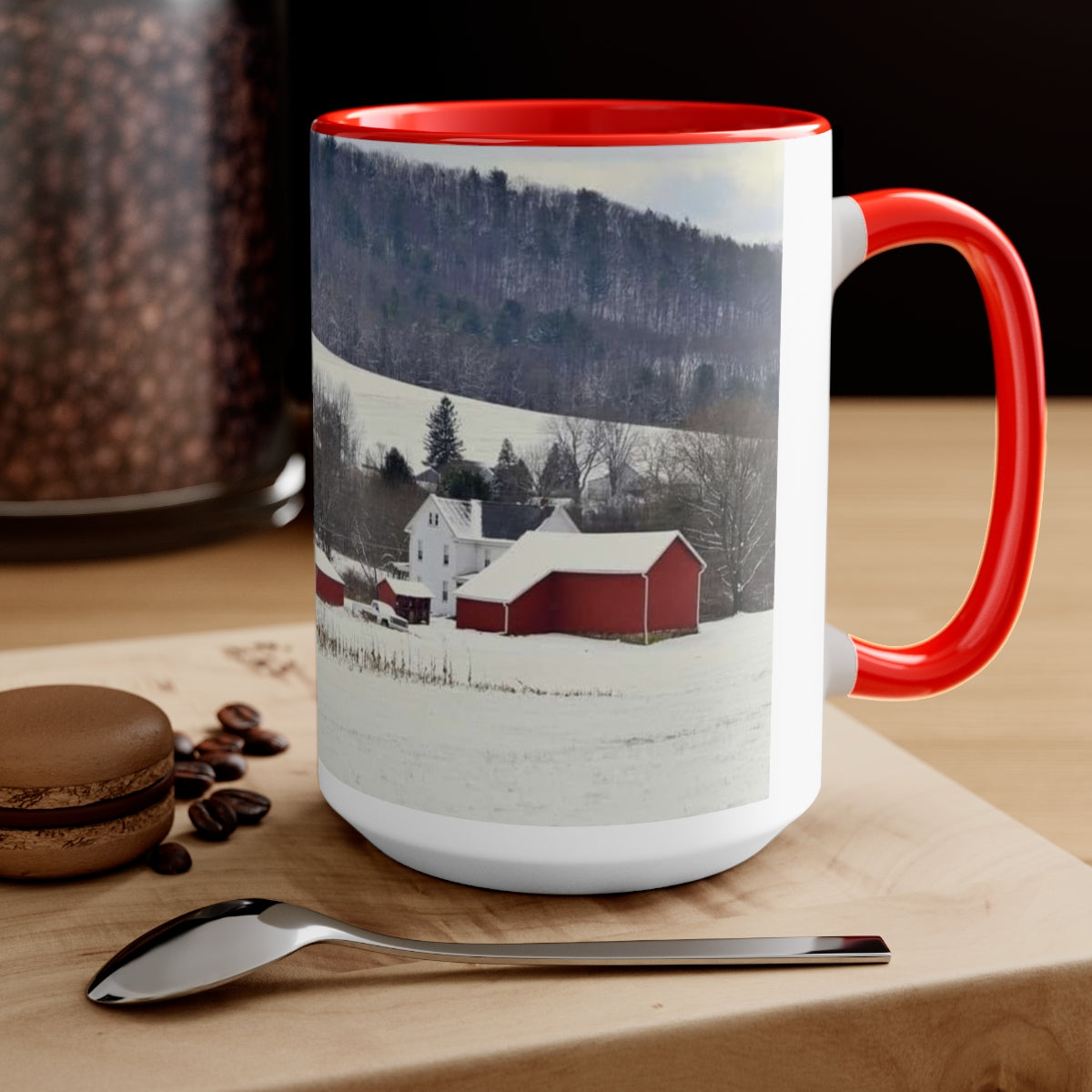 Snowy Christmas Farm Two-Tone Coffee Mugs, 15oz