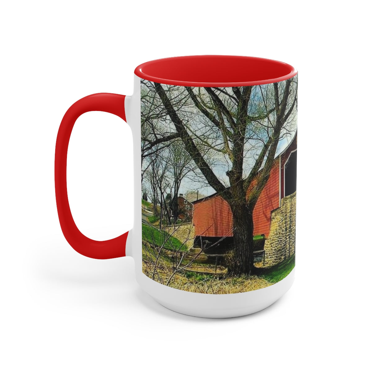 Cozy Covered Bridge Two-Tone Coffee Mugs, 15oz