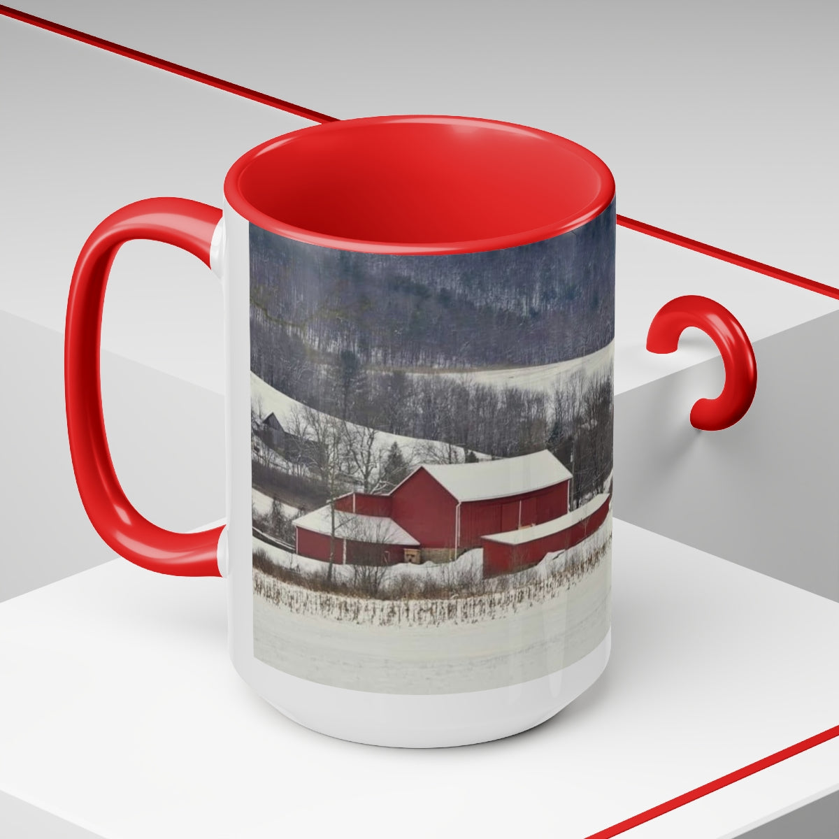 Snowy Christmas Farm Two-Tone Coffee Mugs, 15oz