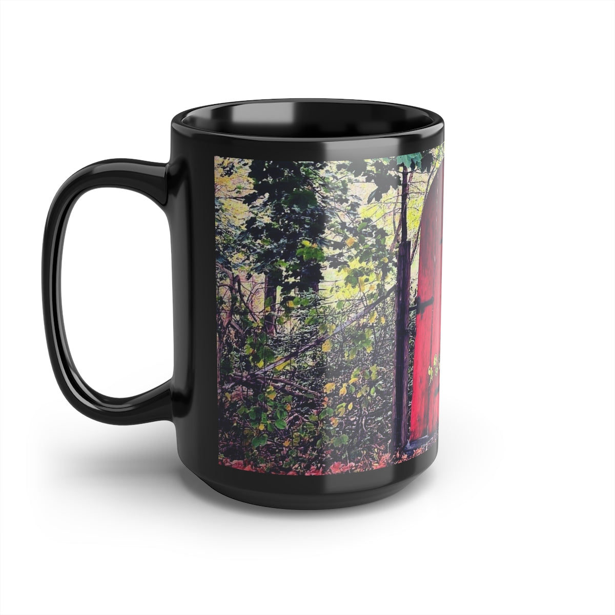 Red Garden Door Black Mug, 15oz