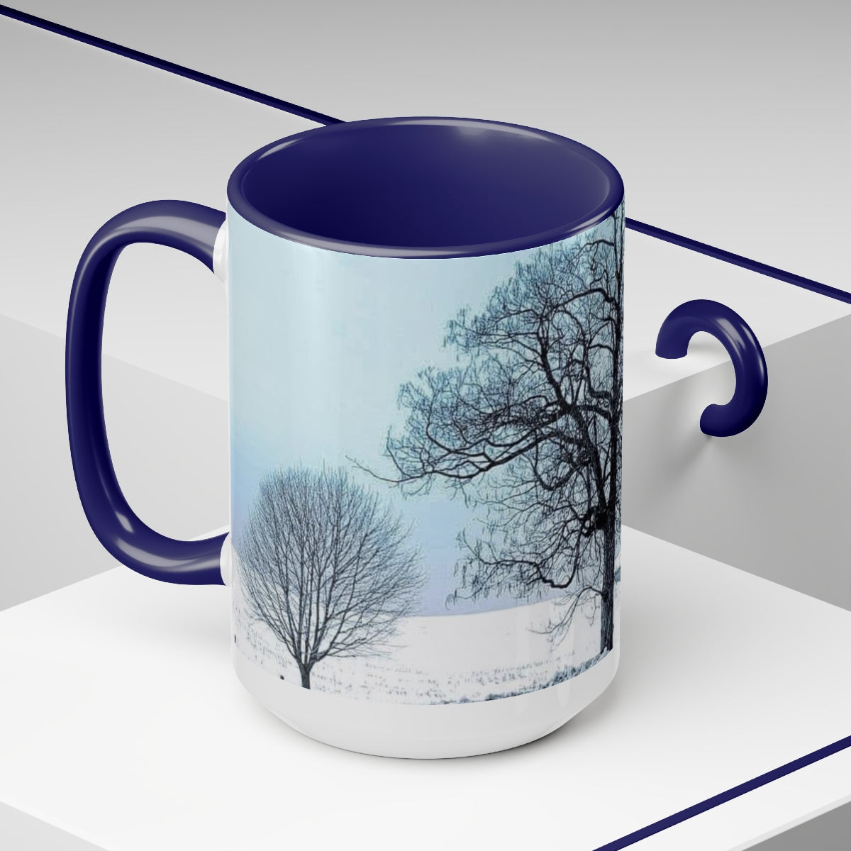 Icy Blue Snowy Trees Two-Tone Coffee Mugs, 15oz