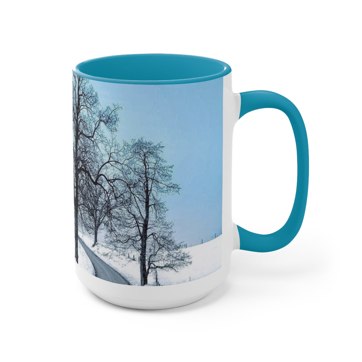 Icy Blue Snowy Trees Two-Tone Coffee Mugs, 15oz