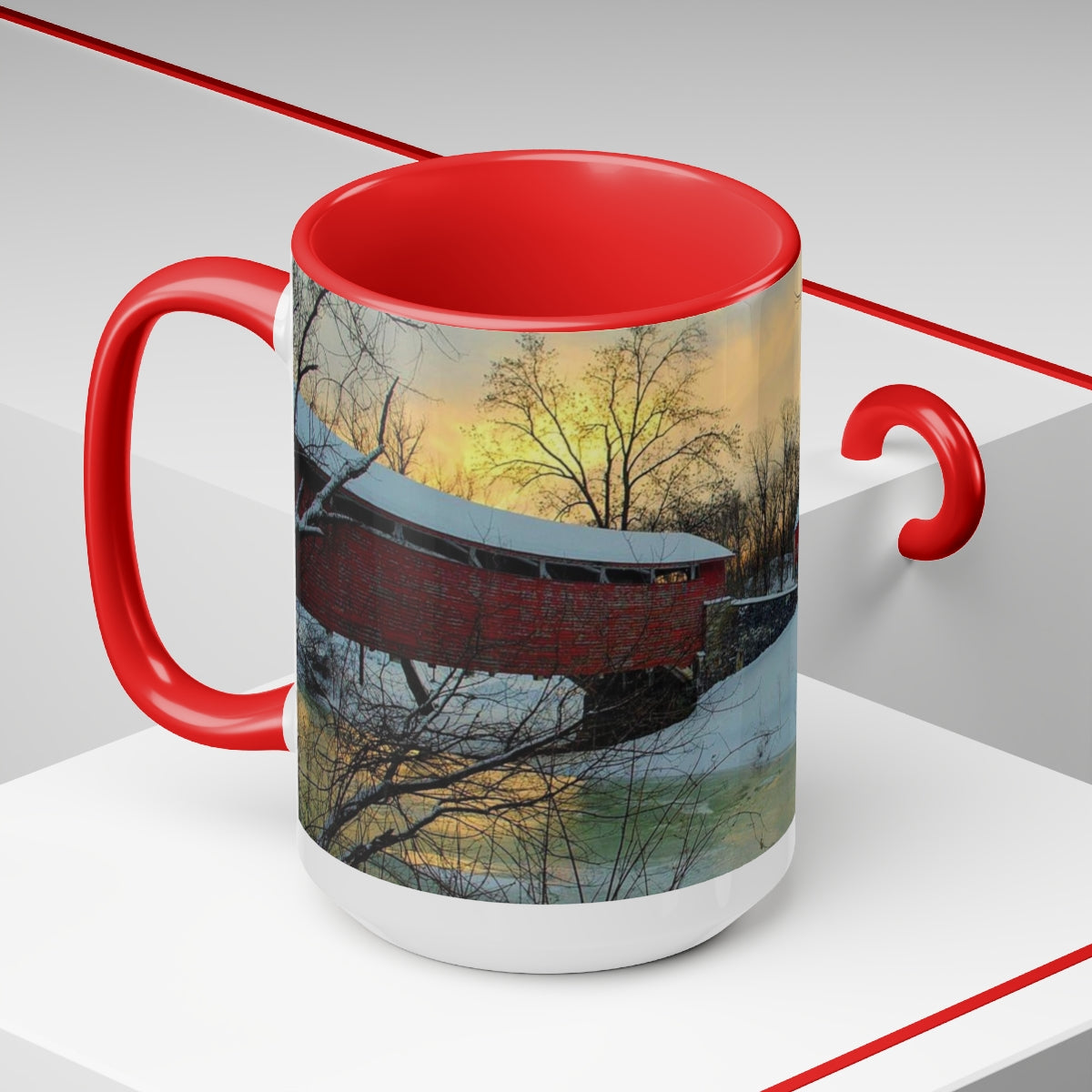 Sunset Snowy Covered Bridge Two-Tone Coffee Mugs, 15oz