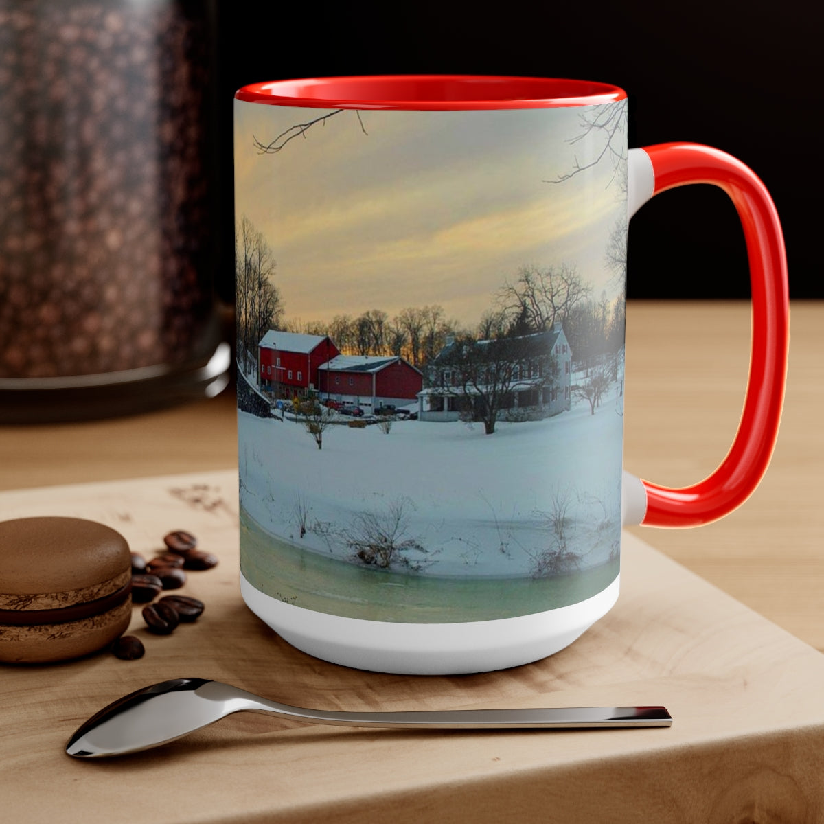 Sunset Snowy Covered Bridge Two-Tone Coffee Mugs, 15oz