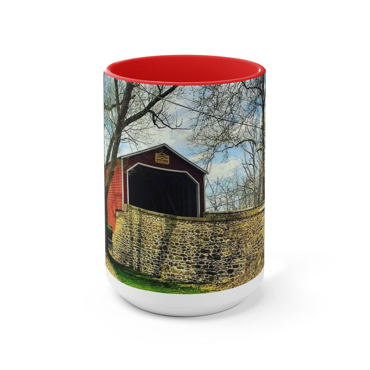 Cozy Covered Bridge Two-Tone Coffee Mugs, 15oz