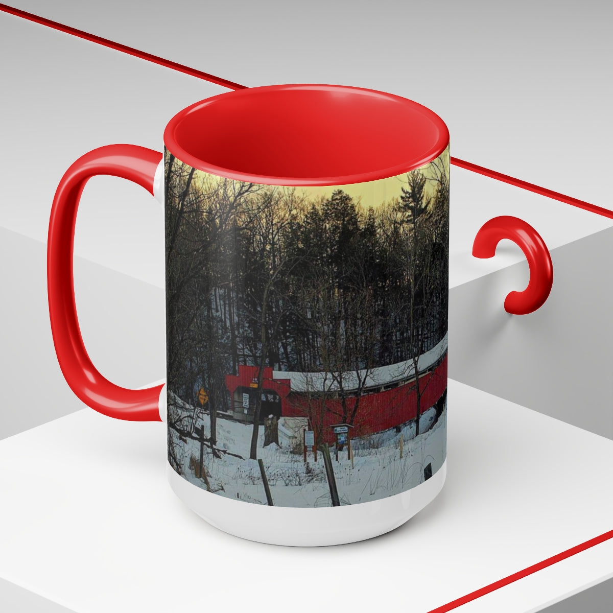 Snowy Covered Bridge Two-Tone Coffee Mugs, 15oz