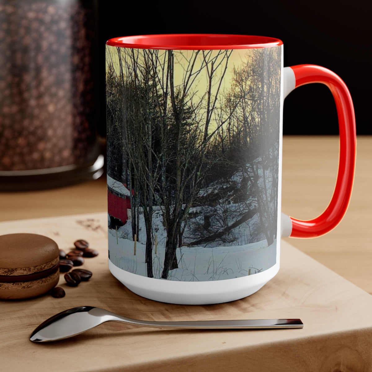 Snowy Covered Bridge Two-Tone Coffee Mugs, 15oz