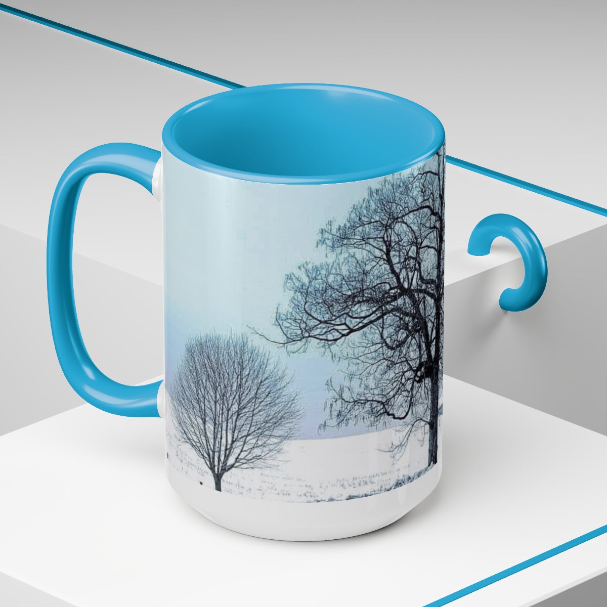 Icy Blue Snowy Trees Two-Tone Coffee Mugs, 15oz