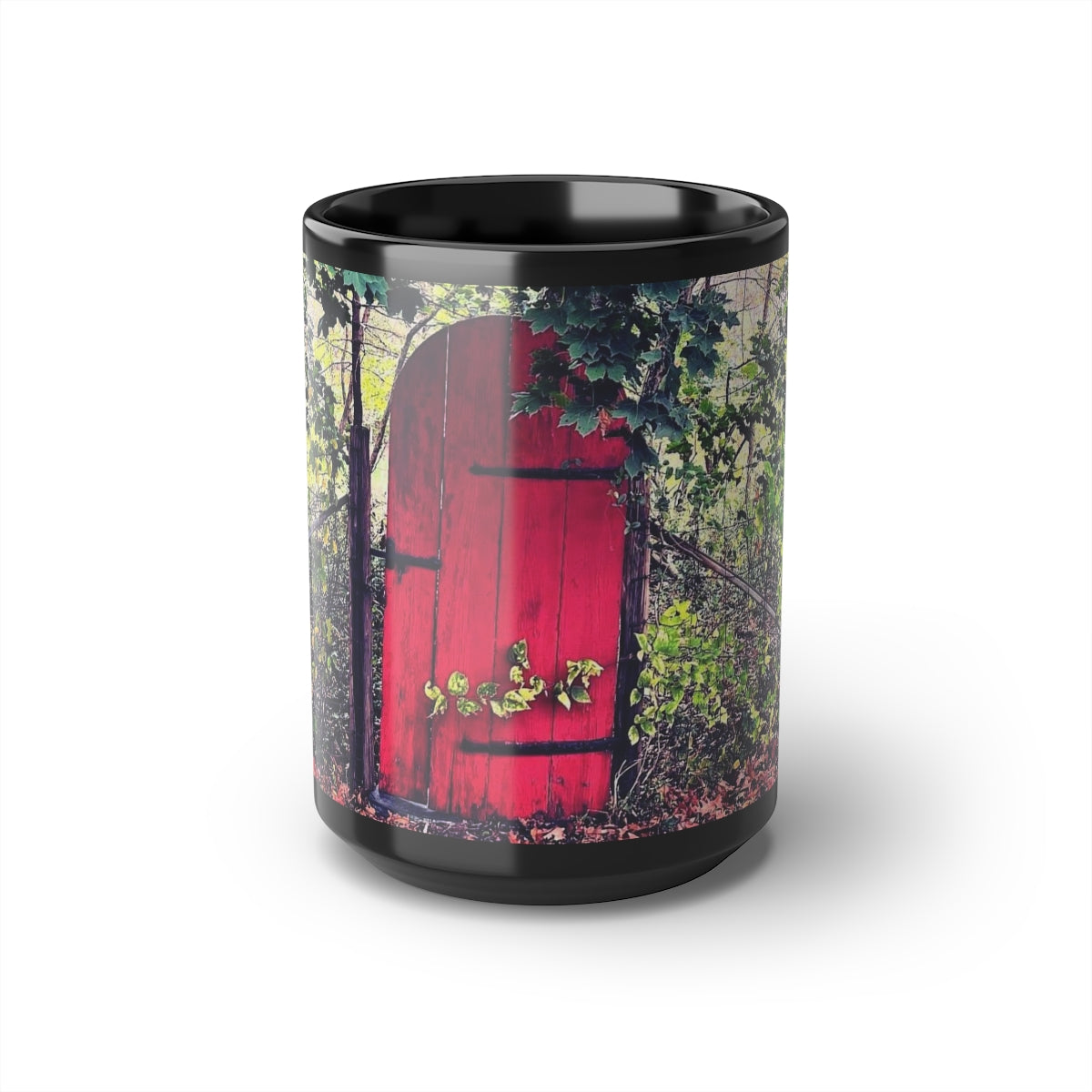 Red Garden Door Black Mug, 15oz